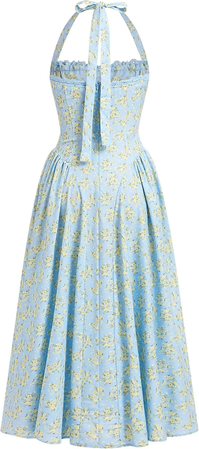 Women Floral Corset Dress Summer Dresses Boho Flowy Adjustable Halter Neck Lace Up Midi Dresses A Line Casual Sundress
