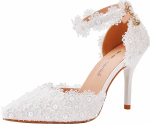 Women High Heel Pumps Pointed Closed Toe Sandals with Floral Lace Pearls Strap Stiletto Heels Bridal Wedding Dress Shoes 3.75''