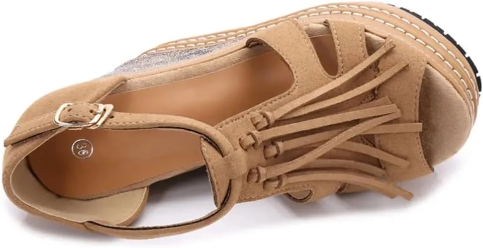 Women's Fringed Waterproof Platform Sandals High With Wedges Stage Catwalk Shoes