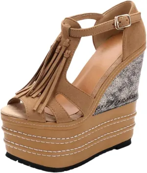 Women's Fringed Waterproof Platform Sandals High With Wedges Stage Catwalk Shoes