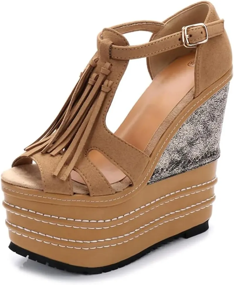 Women's Fringed Waterproof Platform Sandals High With Wedges Stage Catwalk Shoes