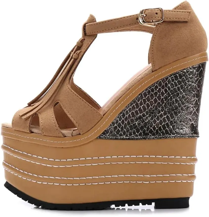 Women's Fringed Waterproof Platform Sandals High With Wedges Stage Catwalk Shoes