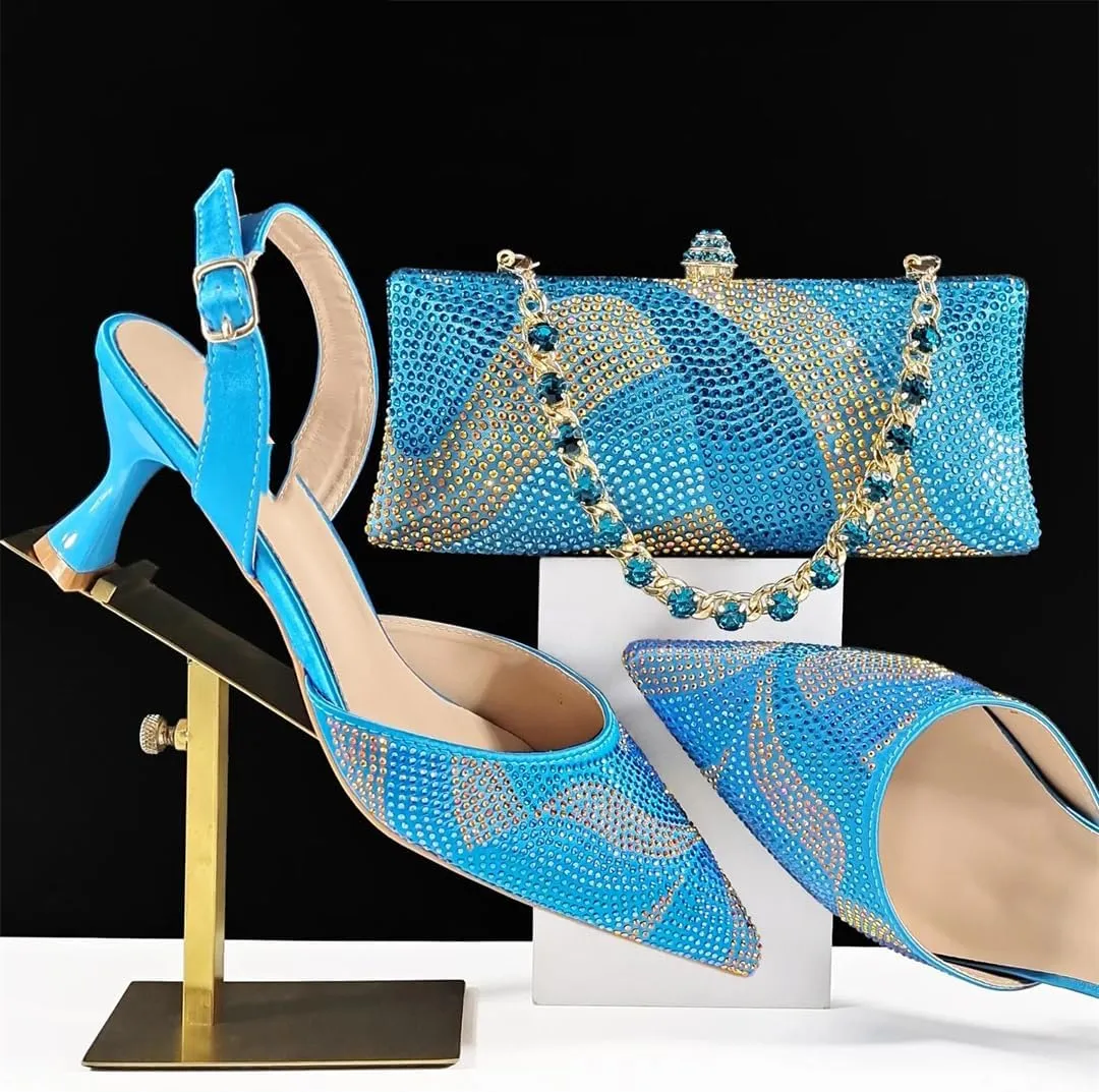 Women’S Graffiti Crystal Office Shoes and Bag Set with Thin Heel and Metal Diamond Bracelet for Special