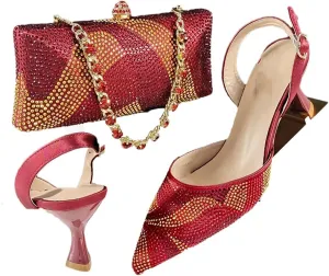 Women’S Graffiti Crystal Office Shoes and Bag Set with Thin Heel and Metal Diamond Bracelet for Special