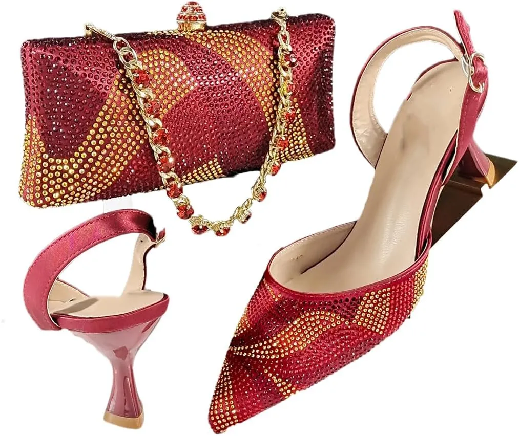 Women’S Graffiti Crystal Office Shoes and Bag Set with Thin Heel and Metal Diamond Bracelet for Special