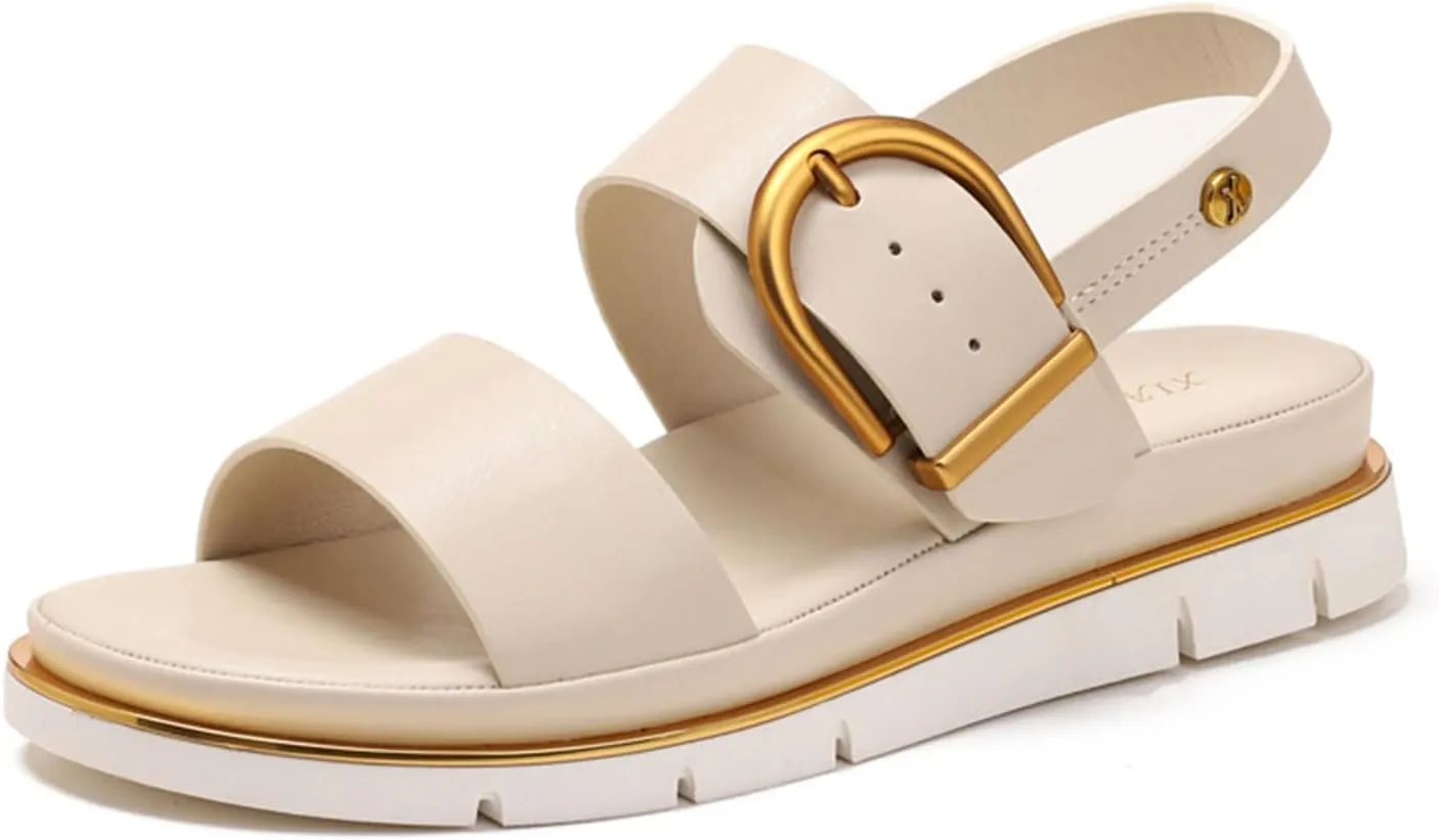 Women's Leather Platform Wedge Backless Two Band Sandals With Adjustable Metal Buckle Vogue Round Open Toe Slingback Thick Sole Soft Slip-On Back Strap Sandals For Vacation Dating Party