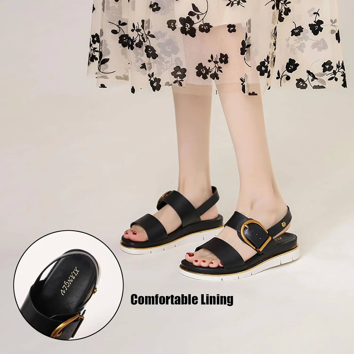 Women's Leather Platform Wedge Backless Two Band Sandals With Adjustable Metal Buckle Vogue Round Open Toe Slingback Thick Sole Soft Slip-On Back Strap Sandals For Vacation Dating Party