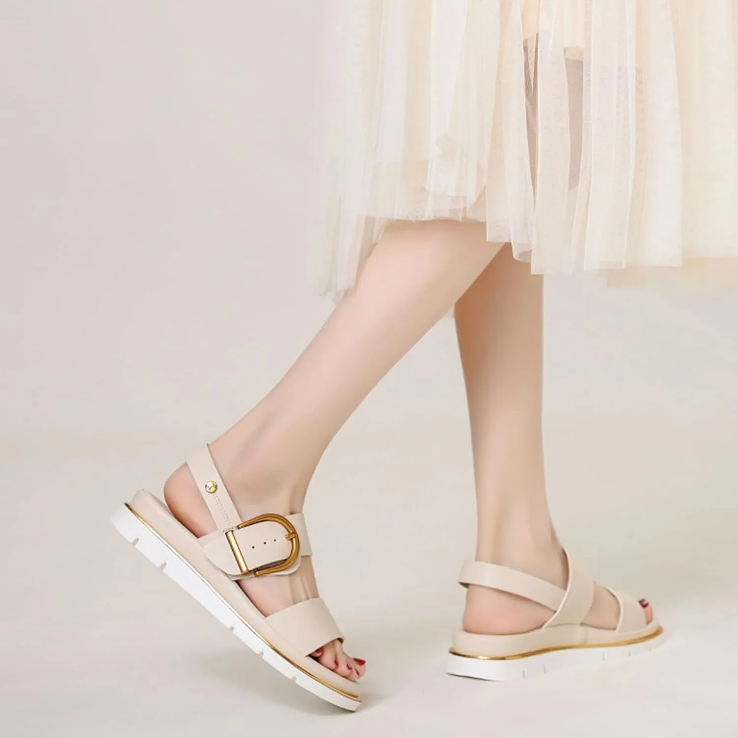 Women's Leather Platform Wedge Backless Two Band Sandals With Adjustable Metal Buckle Vogue Round Open Toe Slingback Thick Sole Soft Slip-On Back Strap Sandals For Vacation Dating Party