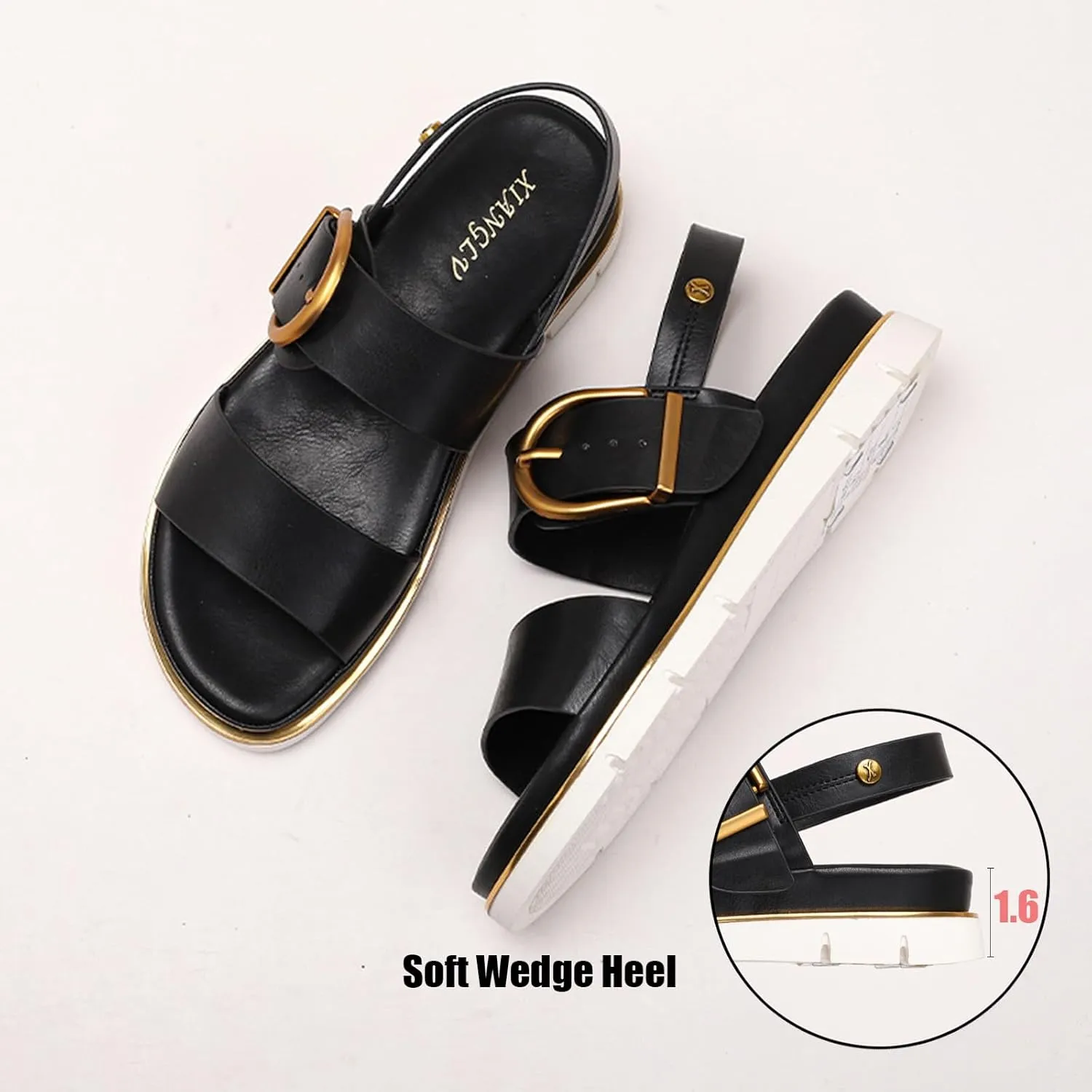 Women's Leather Platform Wedge Backless Two Band Sandals With Adjustable Metal Buckle Vogue Round Open Toe Slingback Thick Sole Soft Slip-On Back Strap Sandals For Vacation Dating Party