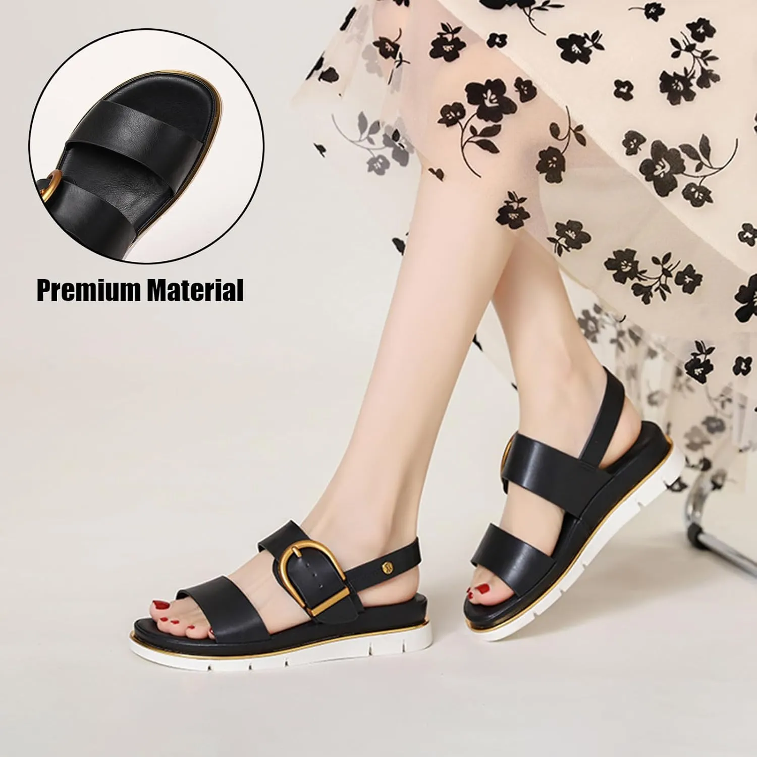 Women's Leather Platform Wedge Backless Two Band Sandals With Adjustable Metal Buckle Vogue Round Open Toe Slingback Thick Sole Soft Slip-On Back Strap Sandals For Vacation Dating Party