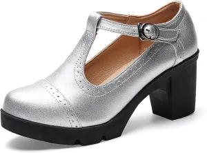 Women's Leather T-Strap Platform Mid Chunky Heel Mary Janes Comfortable Round Toe Low Block Heels Oxfords Dress Pumps for Daily Dating Work