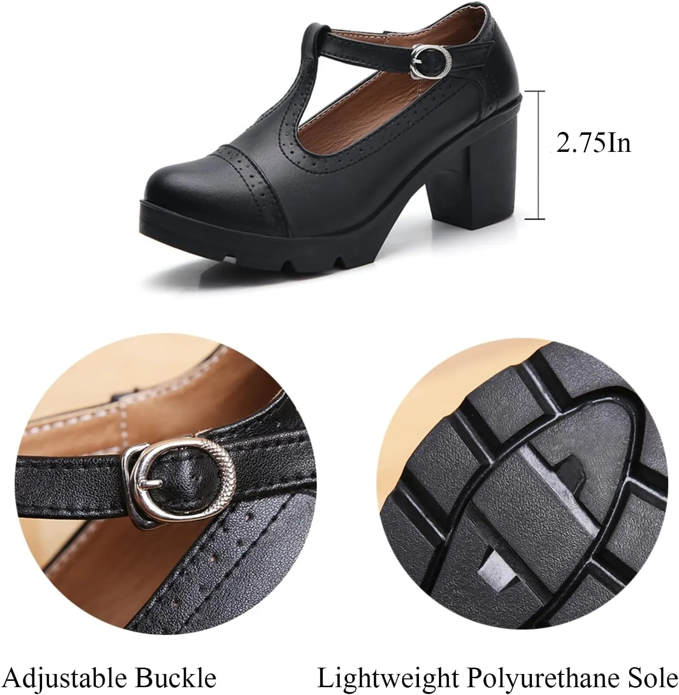 Women's Leather T-Strap Platform Mid Chunky Heel Mary Janes Comfortable Round Toe Low Block Heels Oxfords Dress Pumps for Daily Dating Work