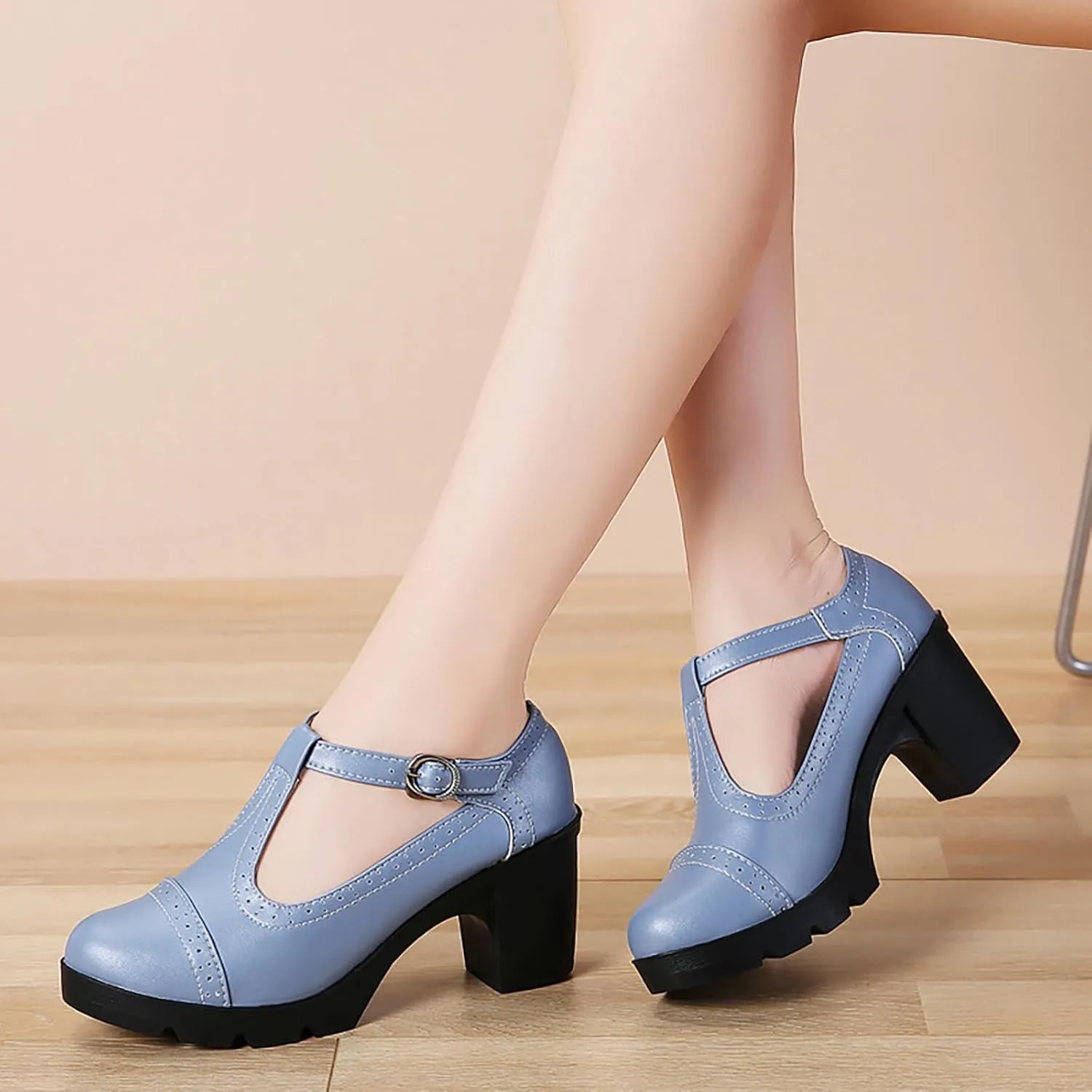 Women's Leather T-Strap Platform Mid Chunky Heel Mary Janes Comfortable Round Toe Low Block Heels Oxfords Dress Pumps for Daily Dating Work