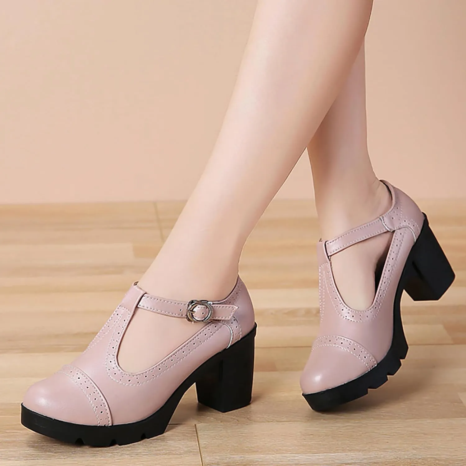 Women's Leather T-Strap Platform Mid Chunky Heel Mary Janes Comfortable Round Toe Low Block Heels Oxfords Dress Pumps for Daily Dating Work