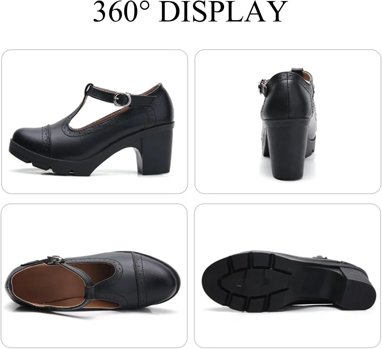 Women's Leather T-Strap Platform Mid Chunky Heel Mary Janes Comfortable Round Toe Low Block Heels Oxfords Dress Pumps for Daily Dating Work