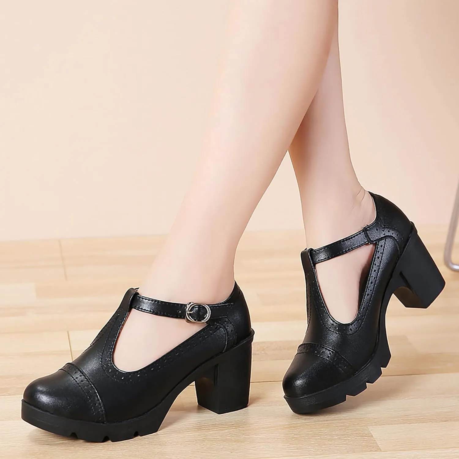 Women's Leather T-Strap Platform Mid Chunky Heel Mary Janes Comfortable Round Toe Low Block Heels Oxfords Dress Pumps for Daily Dating Work