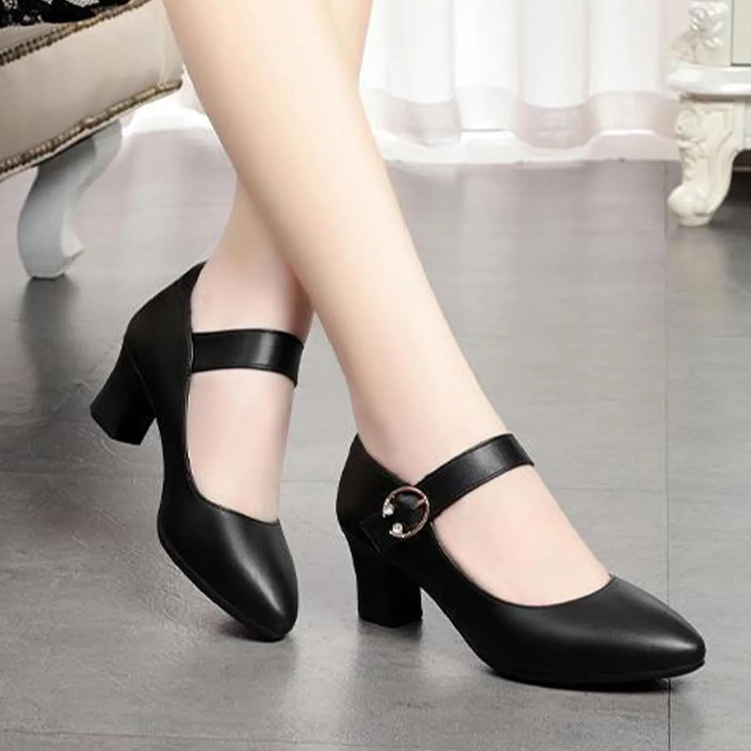 Women's Low Block Heel Mary Jane Pumps Buckle Closed Pointed Toe Dress Pumps Office Work Shoes