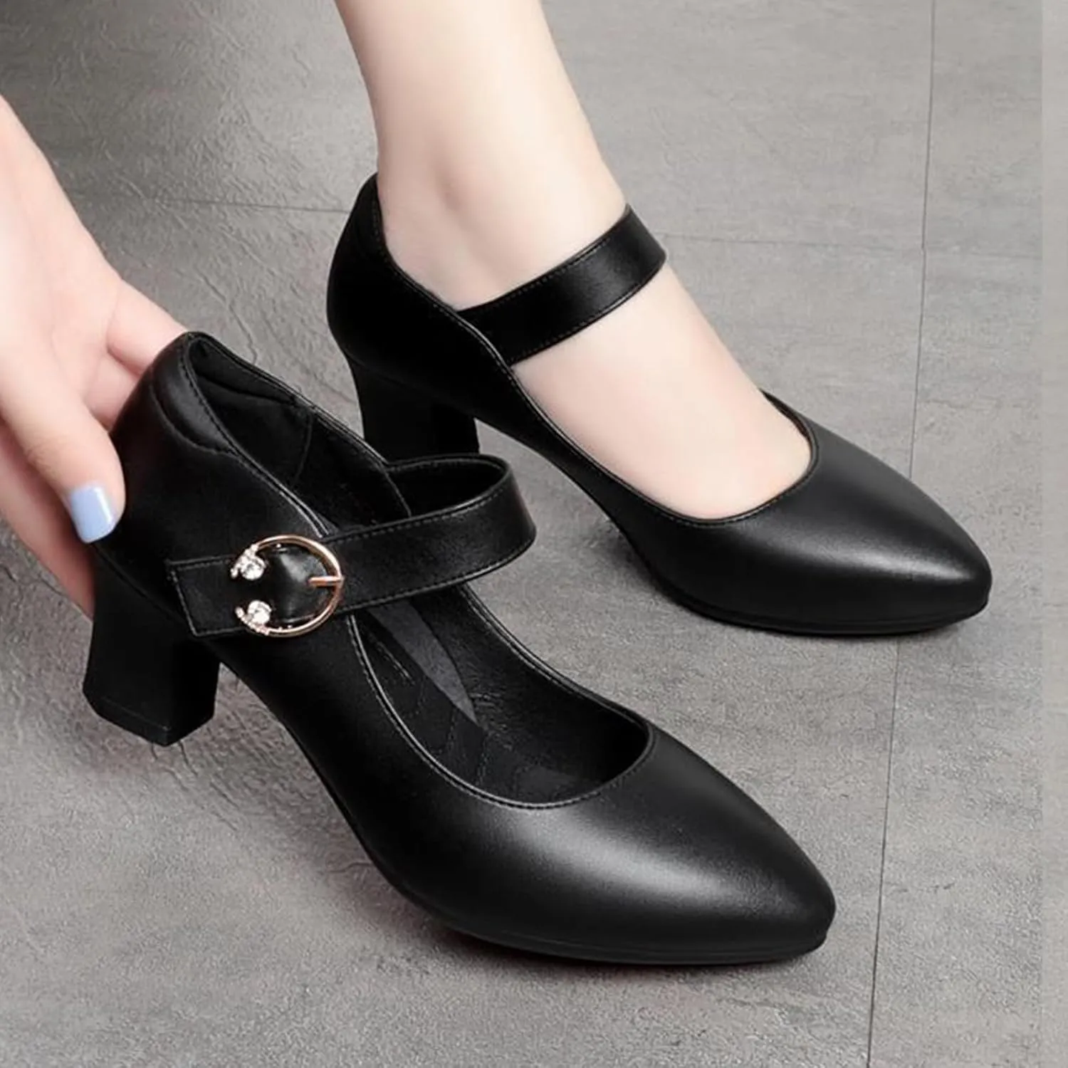 Women's Low Block Heel Mary Jane Pumps Buckle Closed Pointed Toe Dress Pumps Office Work Shoes