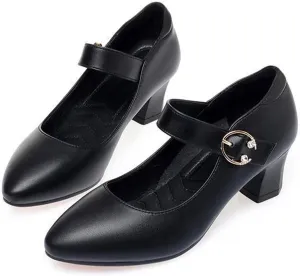 Women's Low Block Heel Mary Jane Pumps Buckle Closed Pointed Toe Dress Pumps Office Work Shoes