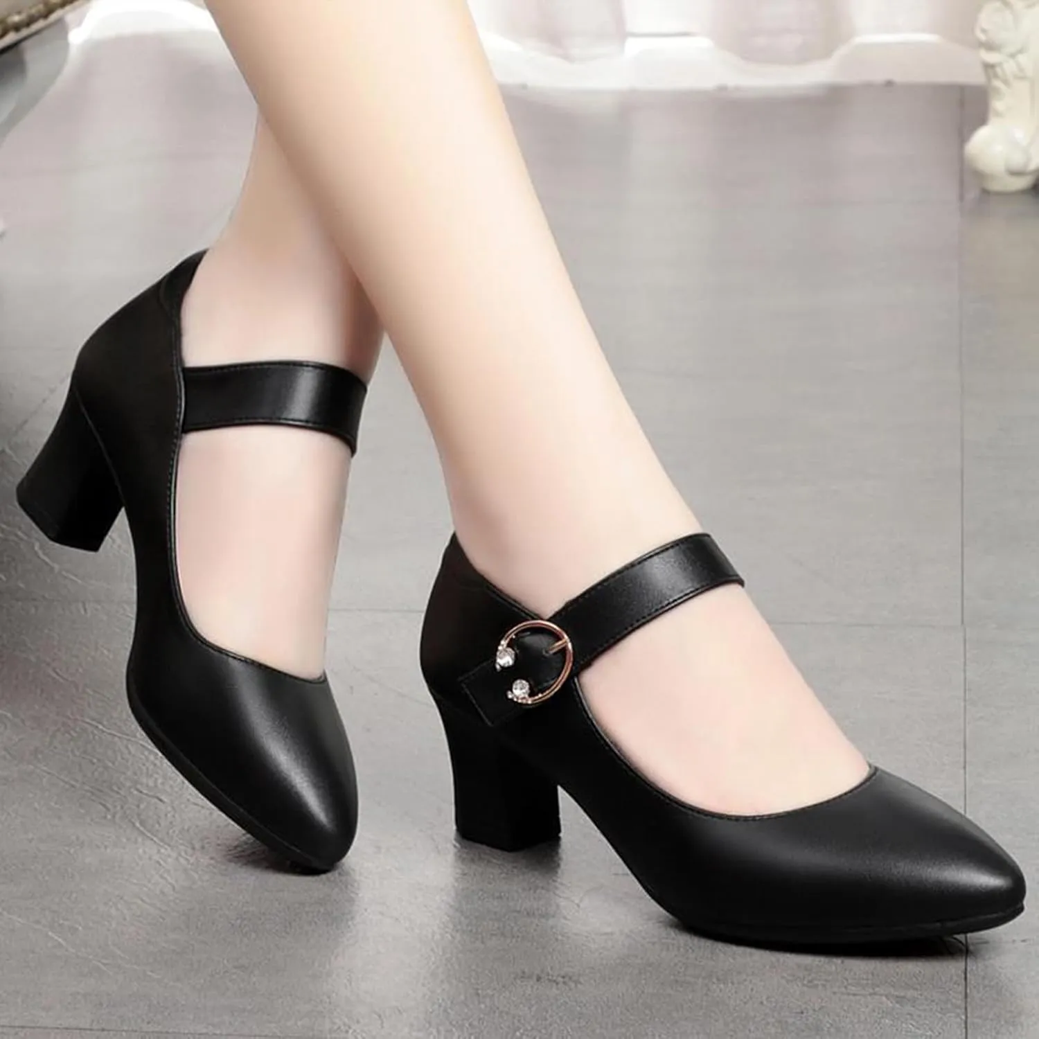 Women's Low Block Heel Mary Jane Pumps Buckle Closed Pointed Toe Dress Pumps Office Work Shoes