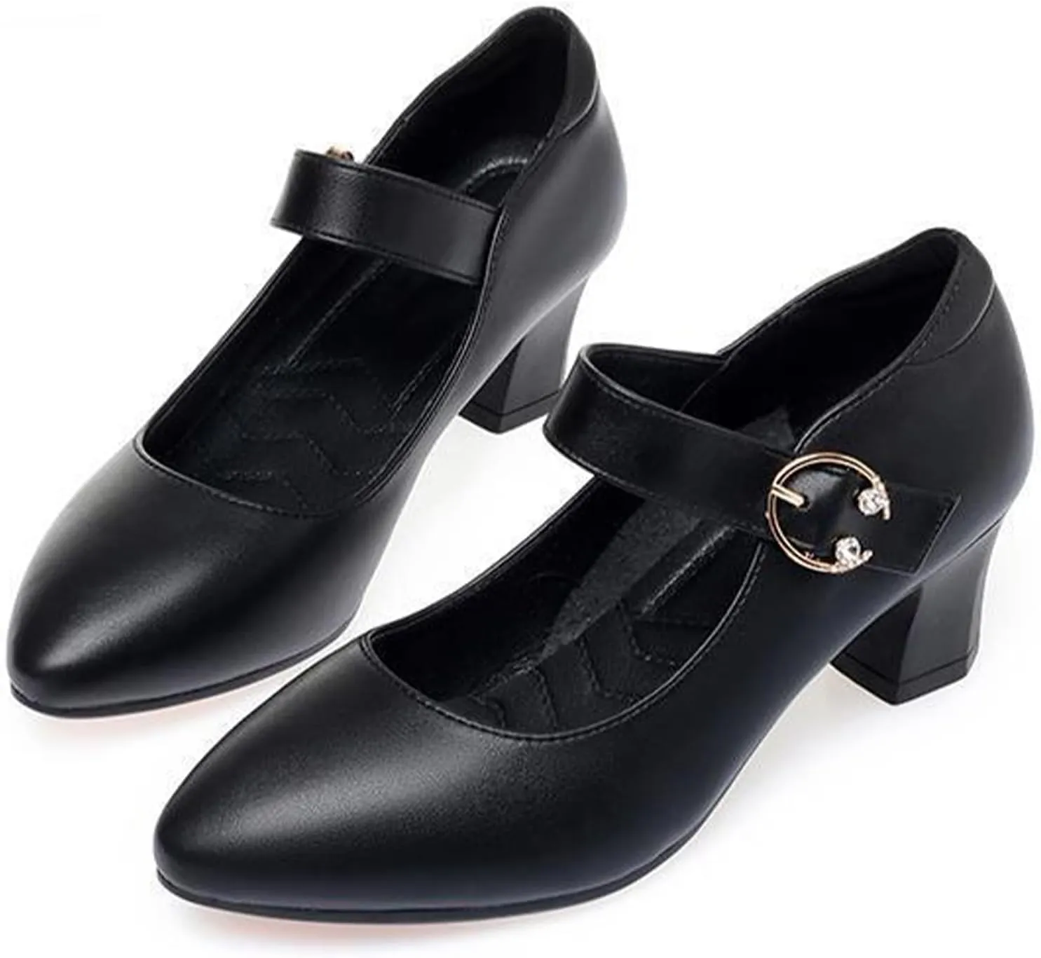 Women's Low Block Heel Mary Jane Pumps Buckle Closed Pointed Toe Dress Pumps Office Work Shoes
