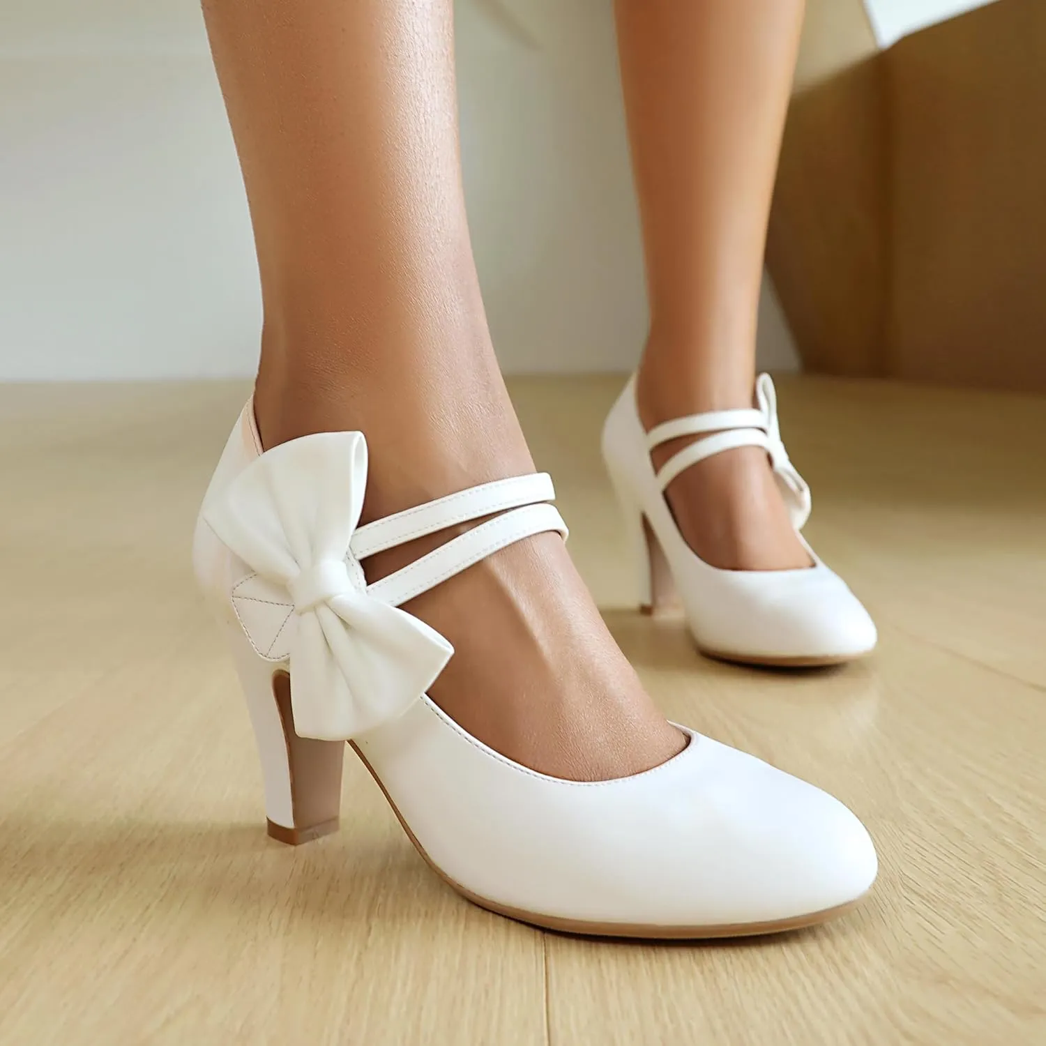 Women's Mary Jane Close Round Toe Vintage 1950s Heels Bow Double Straps Retro 1920s Victorian Pumps 1930s Shoes
