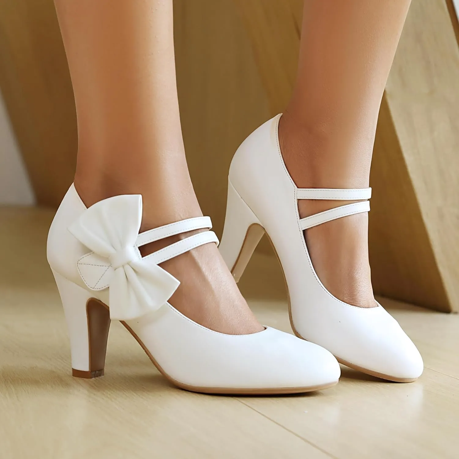 Women's Mary Jane Close Round Toe Vintage 1950s Heels Bow Double Straps Retro 1920s Victorian Pumps 1930s Shoes