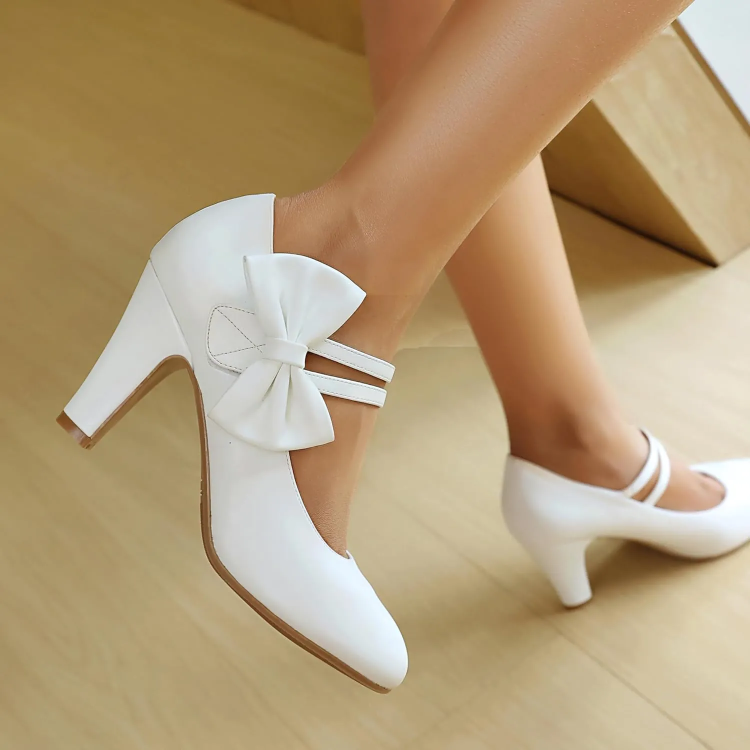 Women's Mary Jane Close Round Toe Vintage 1950s Heels Bow Double Straps Retro 1920s Victorian Pumps 1930s Shoes
