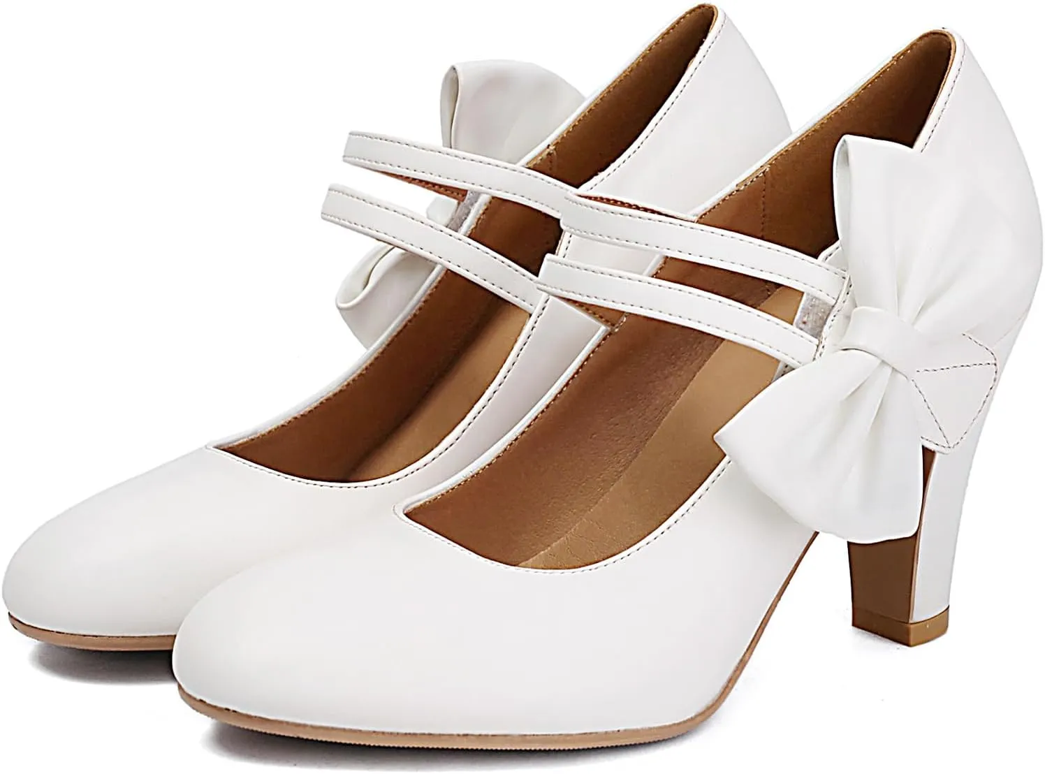 Women's Mary Jane Close Round Toe Vintage 1950s Heels Bow Double Straps Retro 1920s Victorian Pumps 1930s Shoes