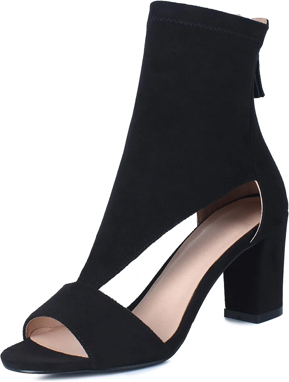 women's peep toe summer booties sandals, black suede cutout T Strap zipper back open toe Pump boots, hollow caged wrap up prom block chunky high heels heeled dress sandals shoes booties