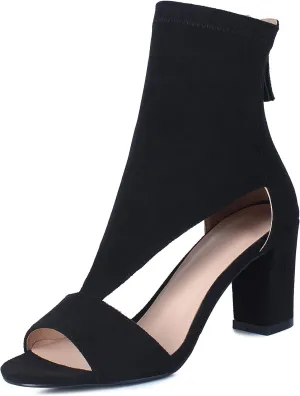 women's peep toe summer booties sandals, black suede cutout T Strap zipper back open toe Pump boots, hollow caged wrap up prom block chunky high heels heeled dress sandals shoes booties