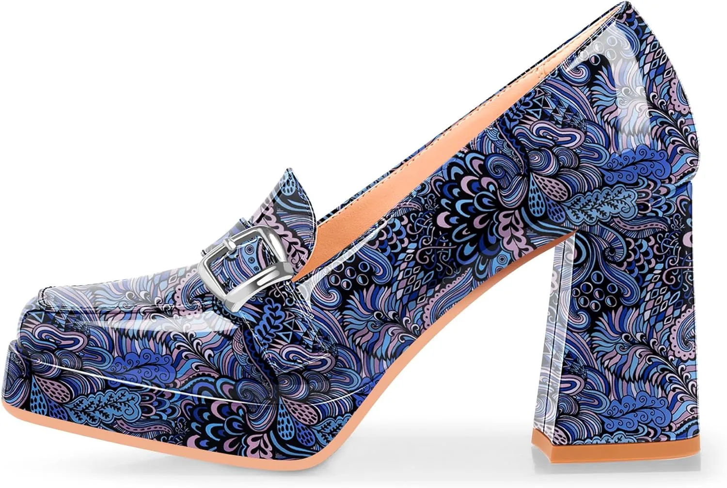 Women's Platform Chunky High Heel Loafers Patent Leather Buckle Pumps Office Dress Shoes