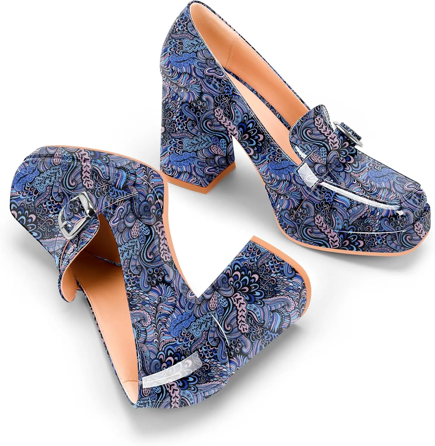 Women's Platform Chunky High Heel Loafers Patent Leather Buckle Pumps Office Dress Shoes