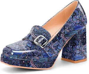 Women's Platform Chunky High Heel Loafers Patent Leather Buckle Pumps Office Dress Shoes