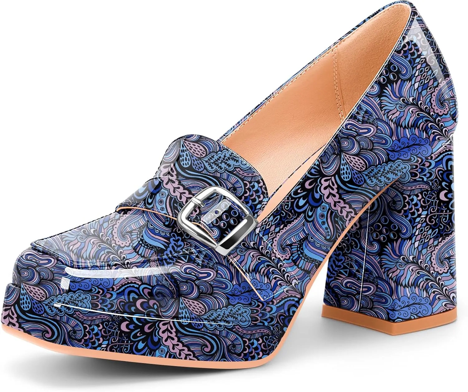 Women's Platform Chunky High Heel Loafers Patent Leather Buckle Pumps Office Dress Shoes