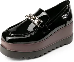 Women's Platform Oxford Shoes Classic Chunky Patent Leather PU Square Toe Wedges Casual Lace Up Sneakers