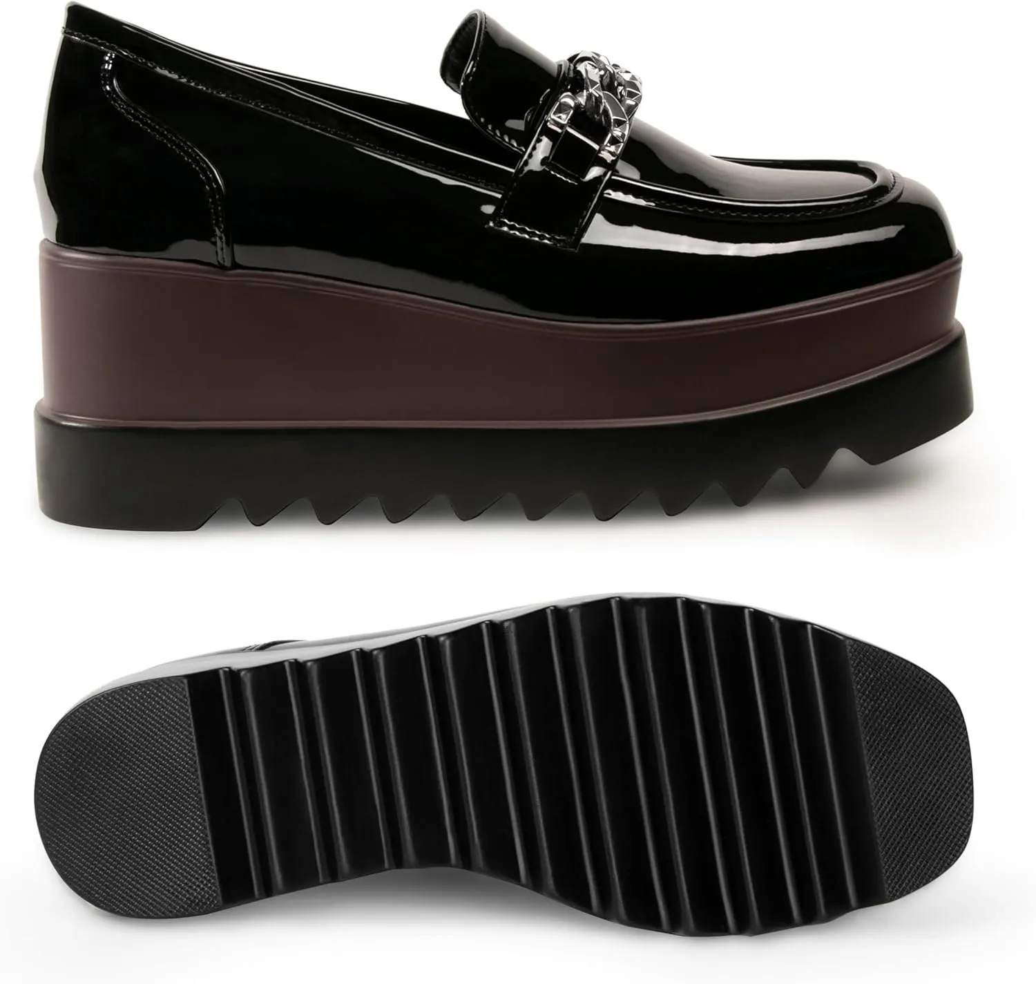 Women's Platform Oxford Shoes Classic Chunky Patent Leather PU Square Toe Wedges Casual Lace Up Sneakers