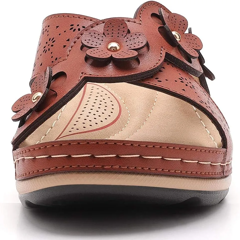 Women's Platform Wedge Comfort Cross Strap Flowers Slide Sandals-Shock Absorbtion Breathable holes Arch Support Footbed Indoors Or Outdoors Slip On