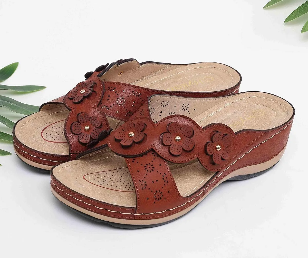 Women's Platform Wedge Comfort Cross Strap Flowers Slide Sandals-Shock Absorbtion Breathable holes Arch Support Footbed Indoors Or Outdoors Slip On
