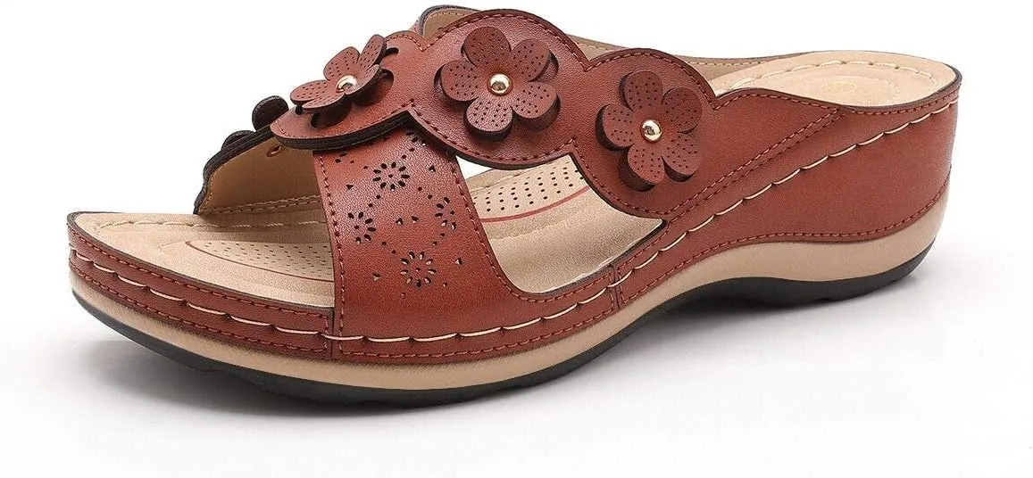 Women's Platform Wedge Comfort Cross Strap Flowers Slide Sandals-Shock Absorbtion Breathable holes Arch Support Footbed Indoors Or Outdoors Slip On