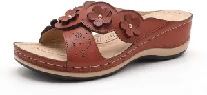 Women's Platform Wedge Comfort Cross Strap Flowers Slide Sandals-Shock Absorbtion Breathable holes Arch Support Footbed Indoors Or Outdoors Slip On