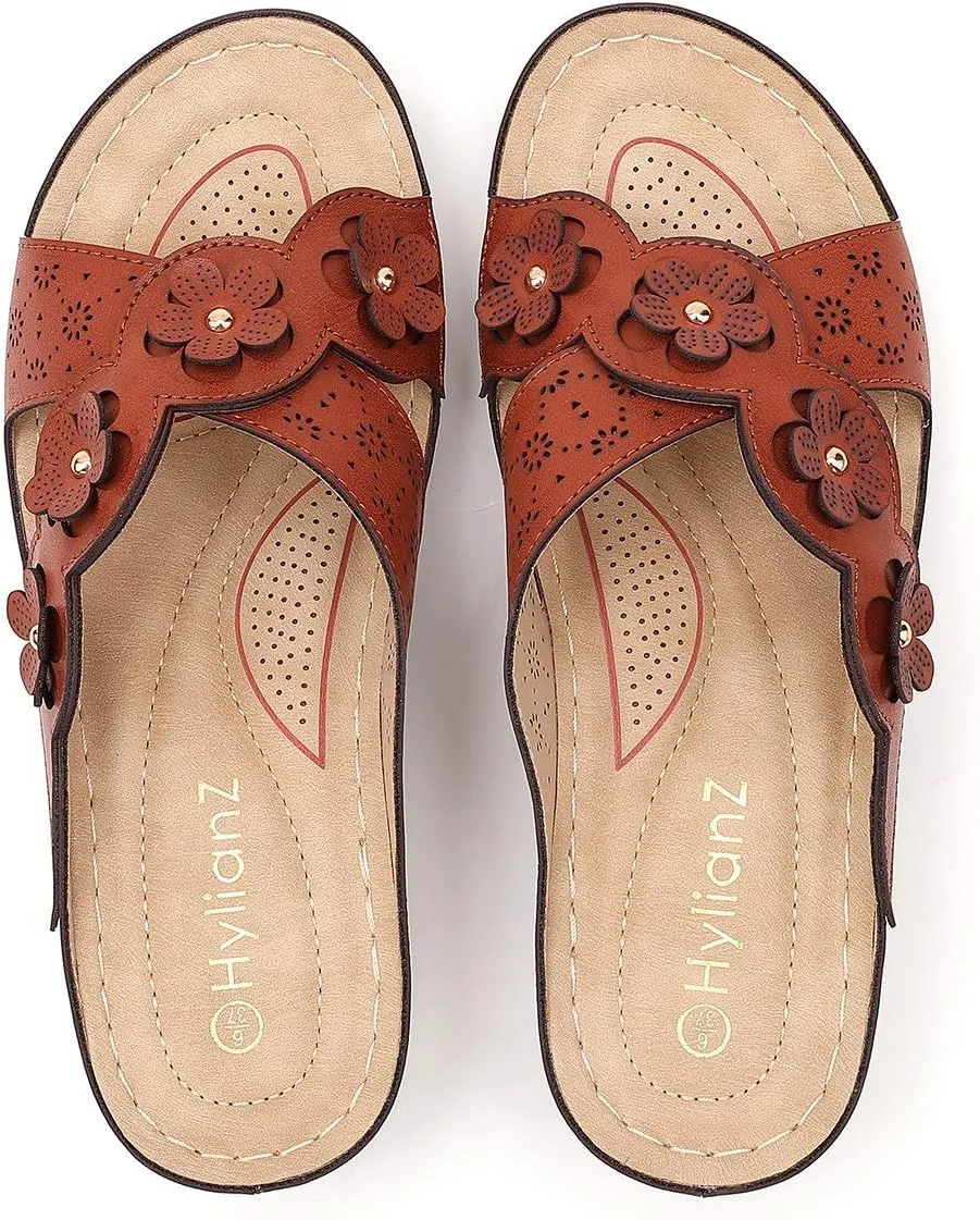 Women's Platform Wedge Comfort Cross Strap Flowers Slide Sandals-Shock Absorbtion Breathable holes Arch Support Footbed Indoors Or Outdoors Slip On
