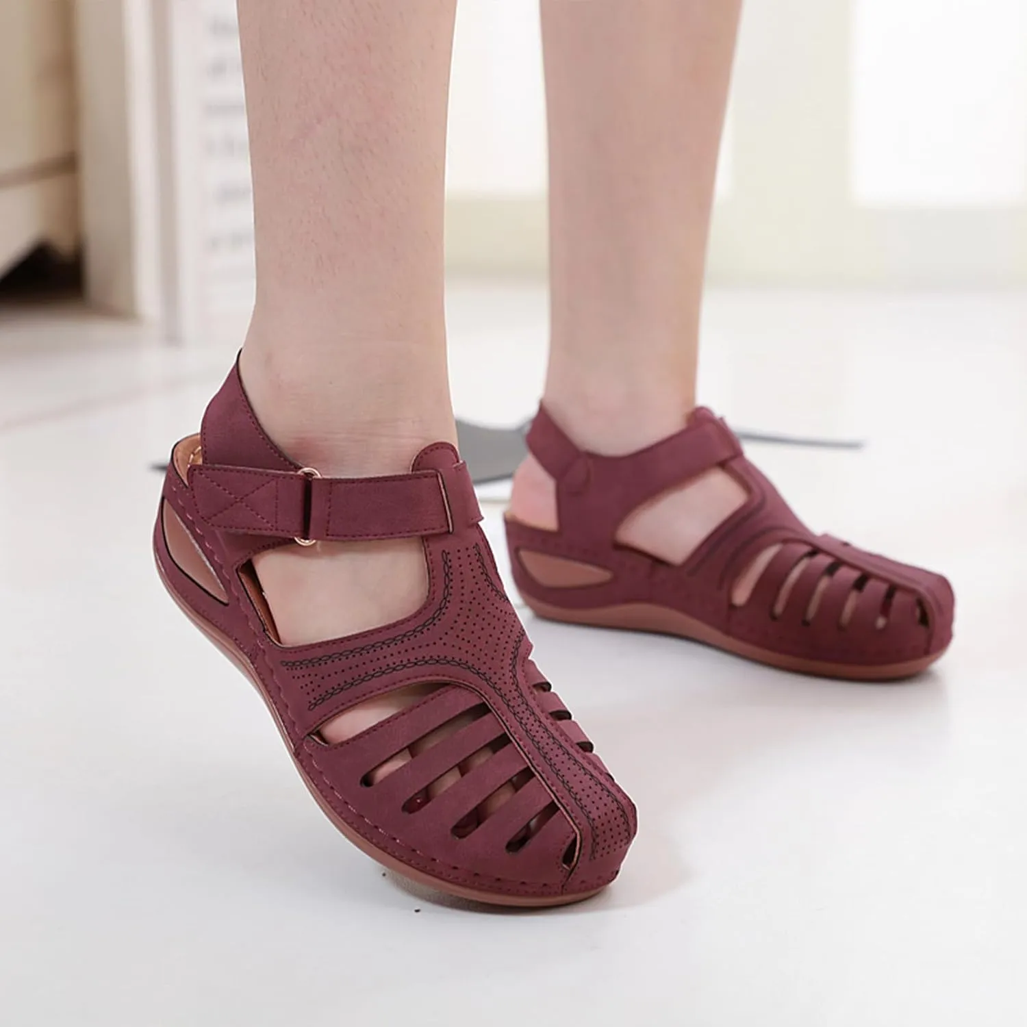 Women's Retro Gladiator Wedge Sandals - Closed Round Toe Hollow Platform Sandals with Ankle Strap Anti-Slip Sole | Comfortable Bohemian Style for Casual Outdoor Wear