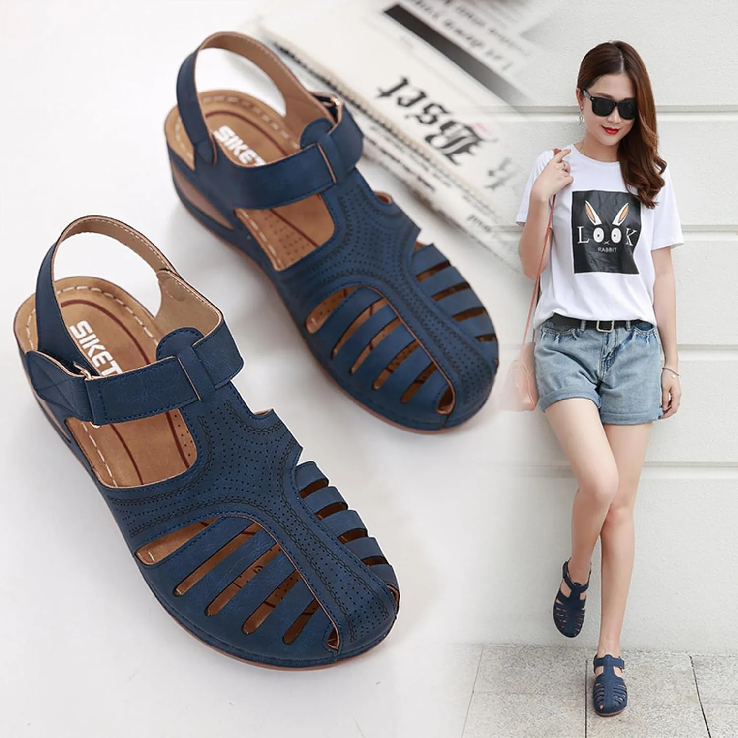 Women's Retro Gladiator Wedge Sandals - Closed Round Toe Hollow Platform Sandals with Ankle Strap Anti-Slip Sole | Comfortable Bohemian Style for Casual Outdoor Wear