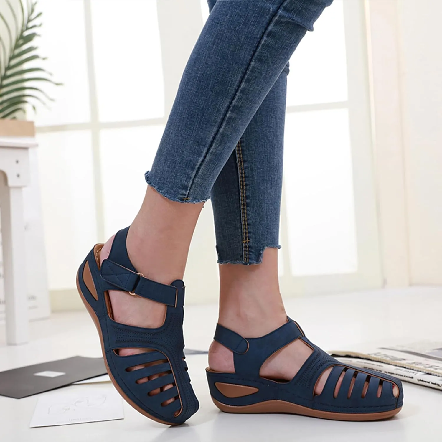 Women's Retro Gladiator Wedge Sandals - Closed Round Toe Hollow Platform Sandals with Ankle Strap Anti-Slip Sole | Comfortable Bohemian Style for Casual Outdoor Wear