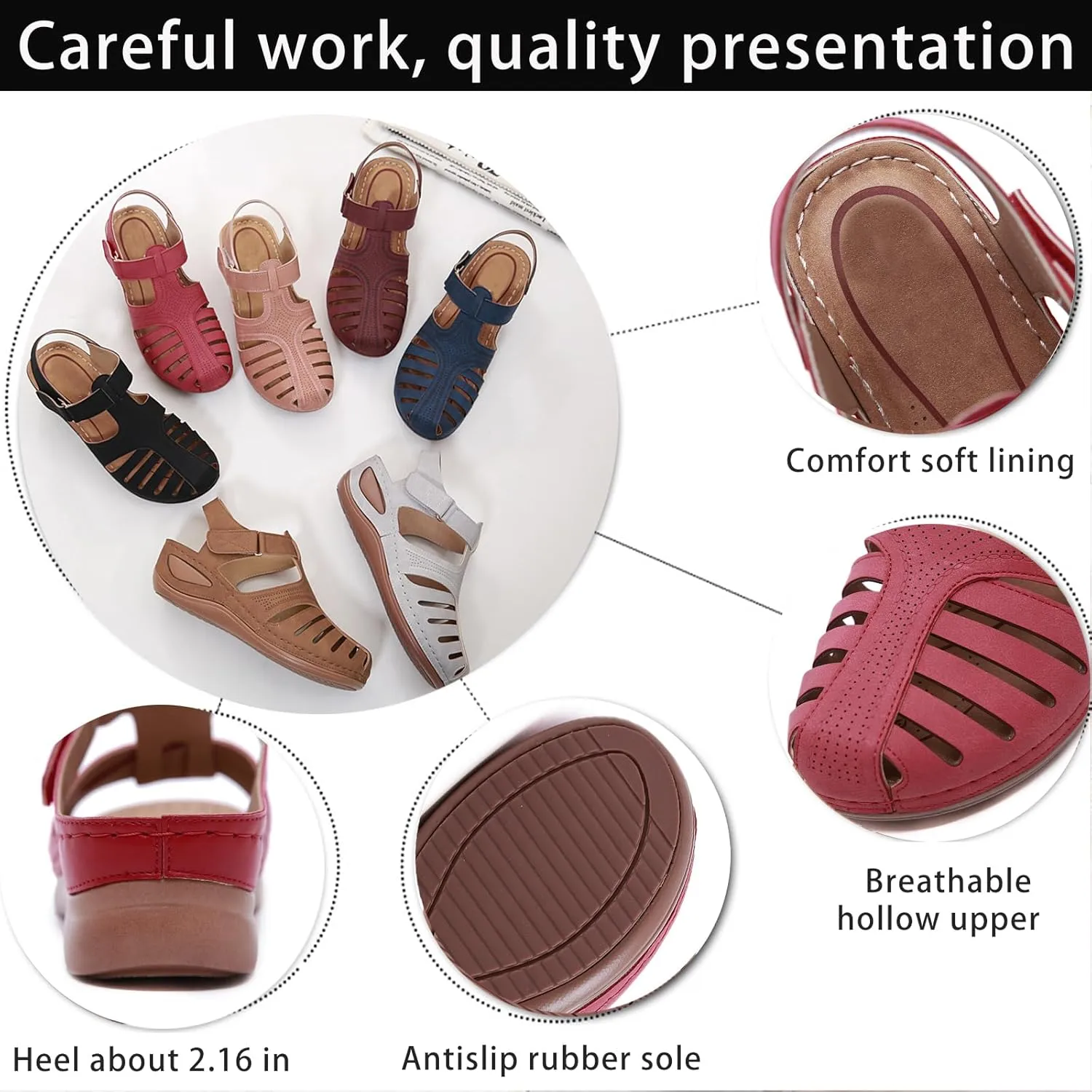 Women's Retro Gladiator Wedge Sandals - Closed Round Toe Hollow Platform Sandals with Ankle Strap Anti-Slip Sole | Comfortable Bohemian Style for Casual Outdoor Wear