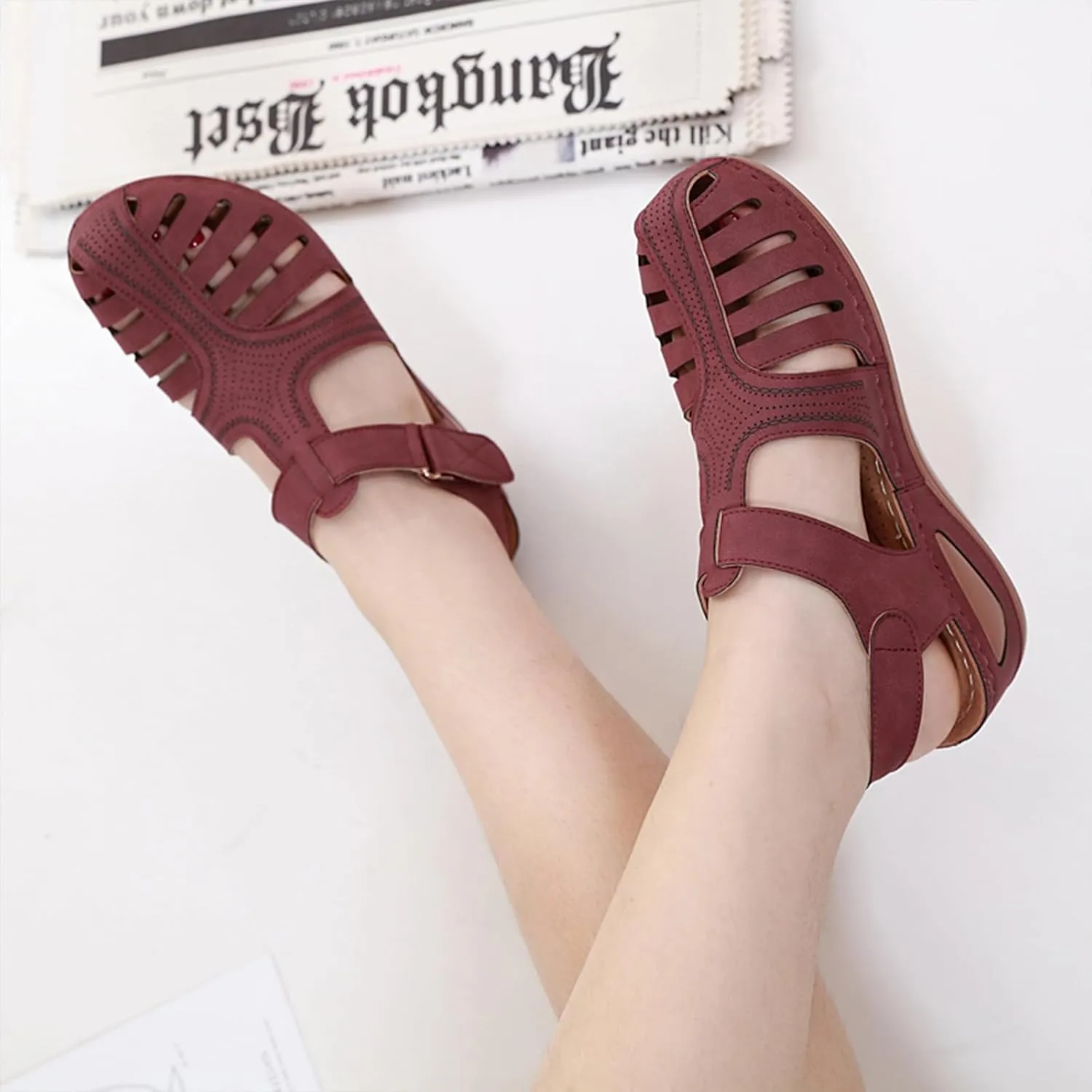 Women's Retro Gladiator Wedge Sandals - Closed Round Toe Hollow Platform Sandals with Ankle Strap Anti-Slip Sole | Comfortable Bohemian Style for Casual Outdoor Wear