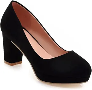 Women's Round Toe Platform Chunky High Block Heel Pumps Suede Slip-On Casual Work Office Dress Shoes