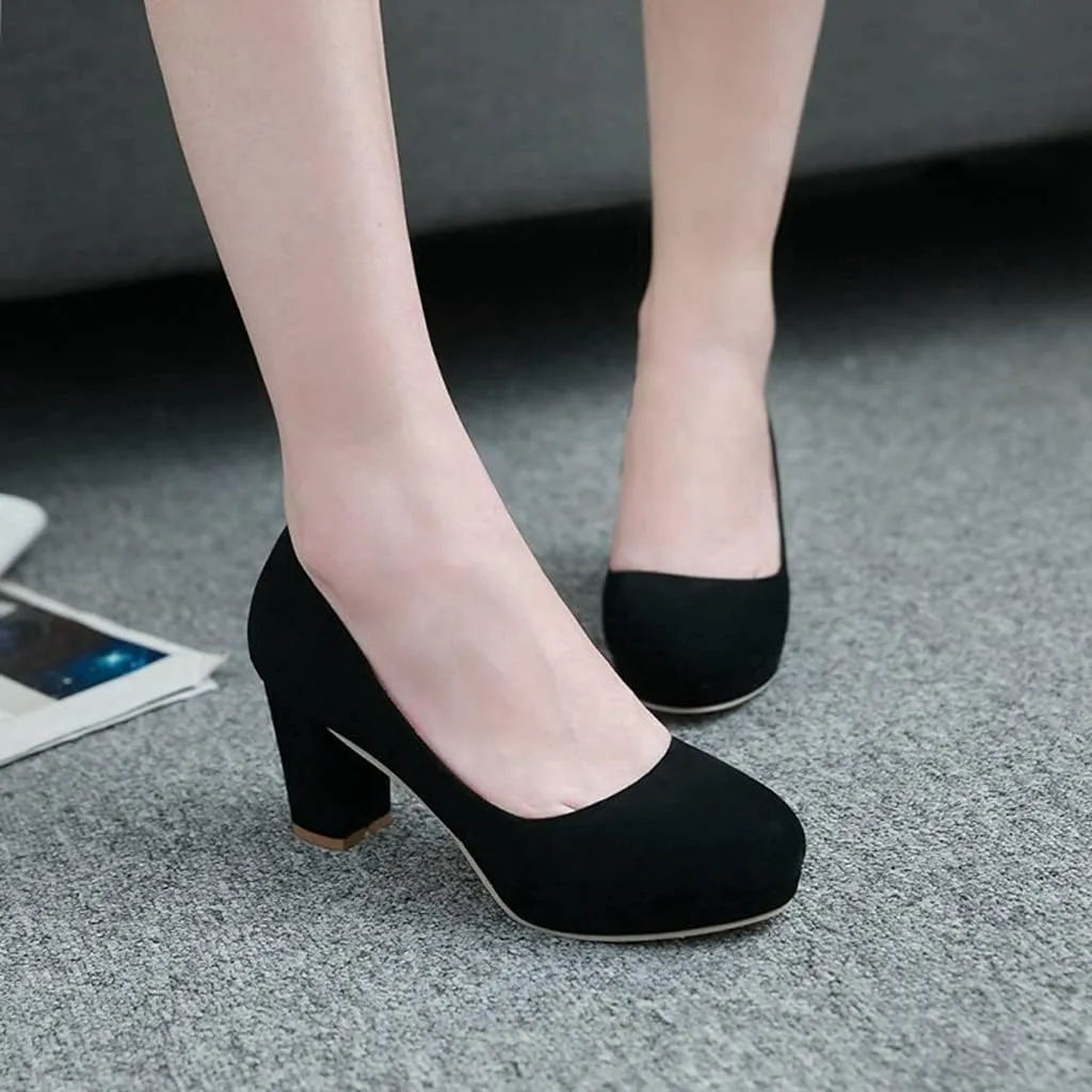 Women's Round Toe Platform Chunky High Block Heel Pumps Suede Slip-On Casual Work Office Dress Shoes