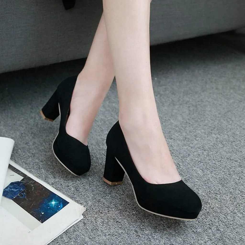 Women's Round Toe Platform Chunky High Block Heel Pumps Suede Slip-On Casual Work Office Dress Shoes